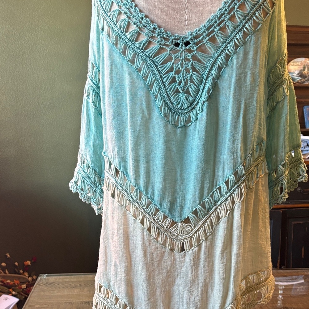 Boho Teal ombré Crochet Tunic - Picture 10 of 12